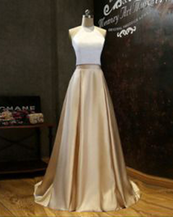 Long Prom Dress. White And Champagne Satin Two Pieces Prom Dresses, Strapless Women Party Gowns .wedding Prom Party Gowns Halter Prom Dress