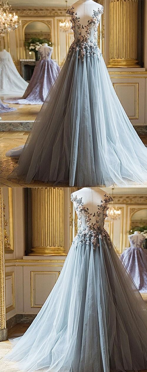Stunning Gray Tulle Long Prom Dresses A Line Women Prom Party Gownx With Flowers Lace , Formal Evening Dress Off Shoulder