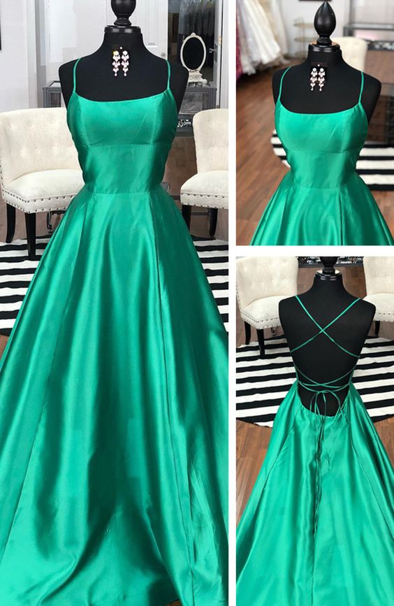 Sexy A Line Green Satin Long Prom Dress Custom Made Cross Criss Back Women Party Gowns ,spaghetti Strapl Evening Dress