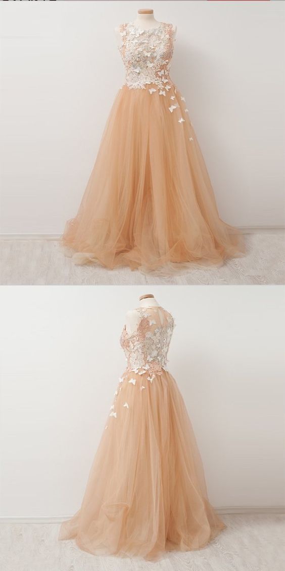 Fashion A Line Scoop Neck Lace Prom Dress Champagne Tulle Formal Prom Party Gowns