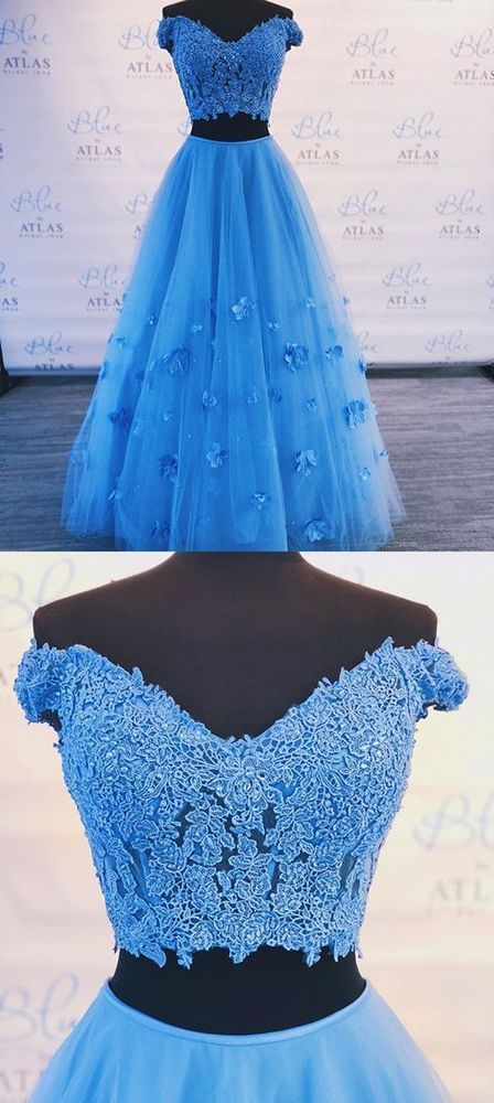 Sexy A Line Two Pieces Blue Lace Prom Dress Custom Made Sweet Prom Party Gowns