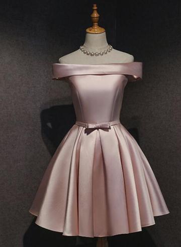 Sexy A Line Pink Satin Short Bridesmaid Dress Off Shoulder Mini Maid Of Honor Gowns ,sexy Girls Homecoming Party Dress