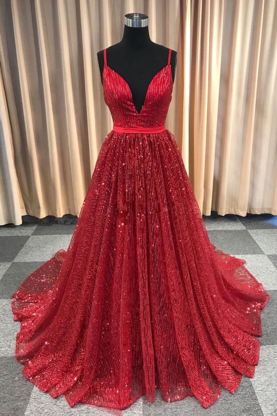 Shiny Red Sequin A Line Long Prom 
