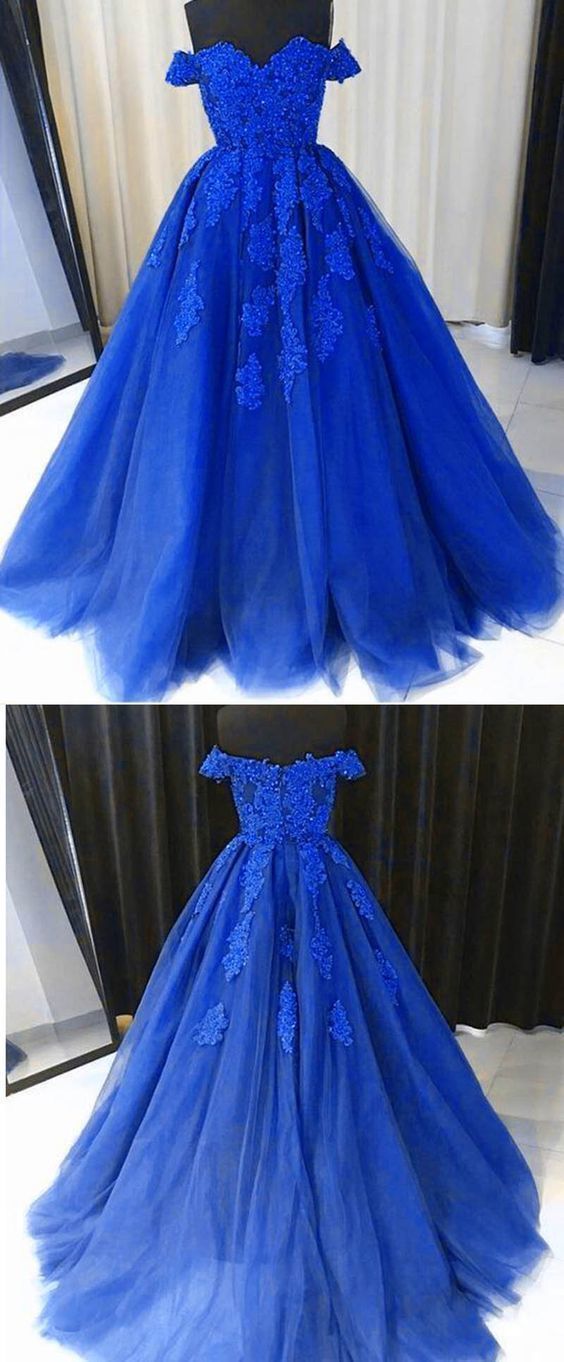 Elegant Royal Blue Lace Tulle A Line Prom Dress Off Shoulder Women Party Gowns , Formal Evening Party Dresses,sweet 16 Quinceanera Dresses