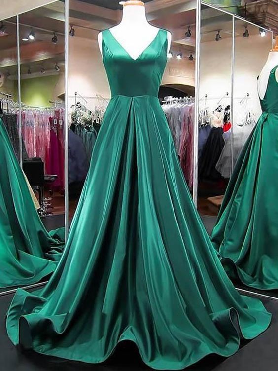 Elegant Green Satin Long Prom Dress Deep V-neck Prom Party Gowns Plus Size Formal Evening Dress