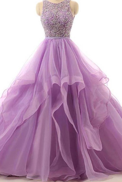 Sexy Lavender Tulle Beaded Long Prom Dress With Skirts Tiers Plus Size Backless Women Prom Gowns