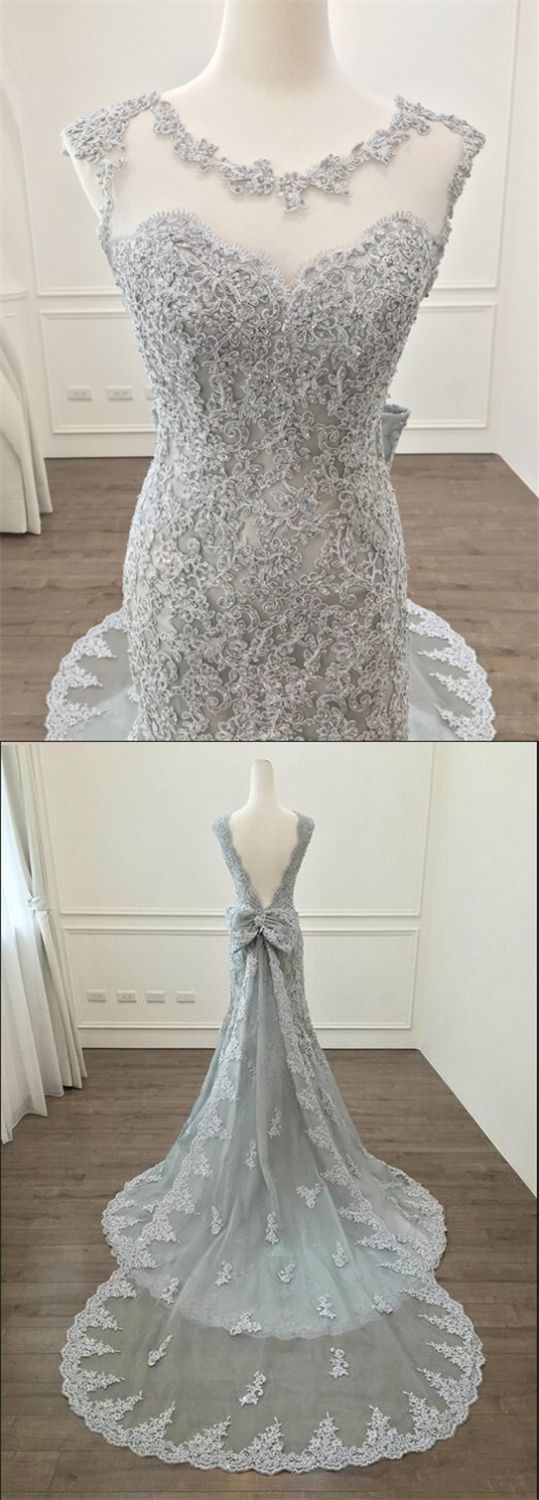Sexy Backless Lace Formal Evening Dress Light Gray Tulle Long Prom Party Gowns Custom Made Women Party Dress