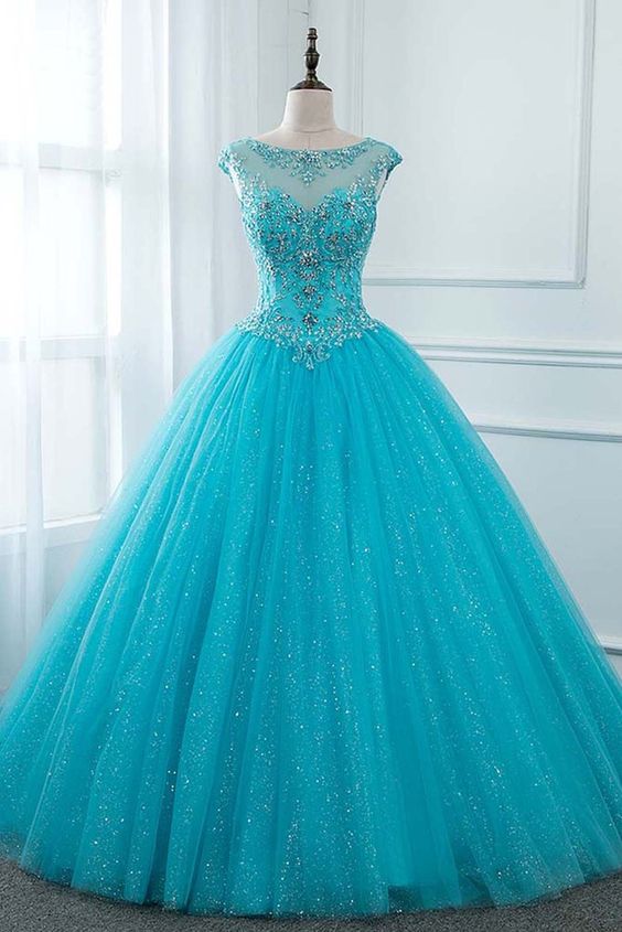 Off Shoulder Blue Tulle Beaded Ball Gown Prom Dresses ,sexy Pricess Quinceanera Dress, Sweet 16 Prom Gowns