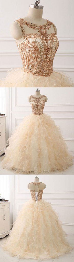Champagne Beaded Ball Gown Prom Party Dresses Plus Size Women Party Gowns , Sexy Pricess Prom Dress
