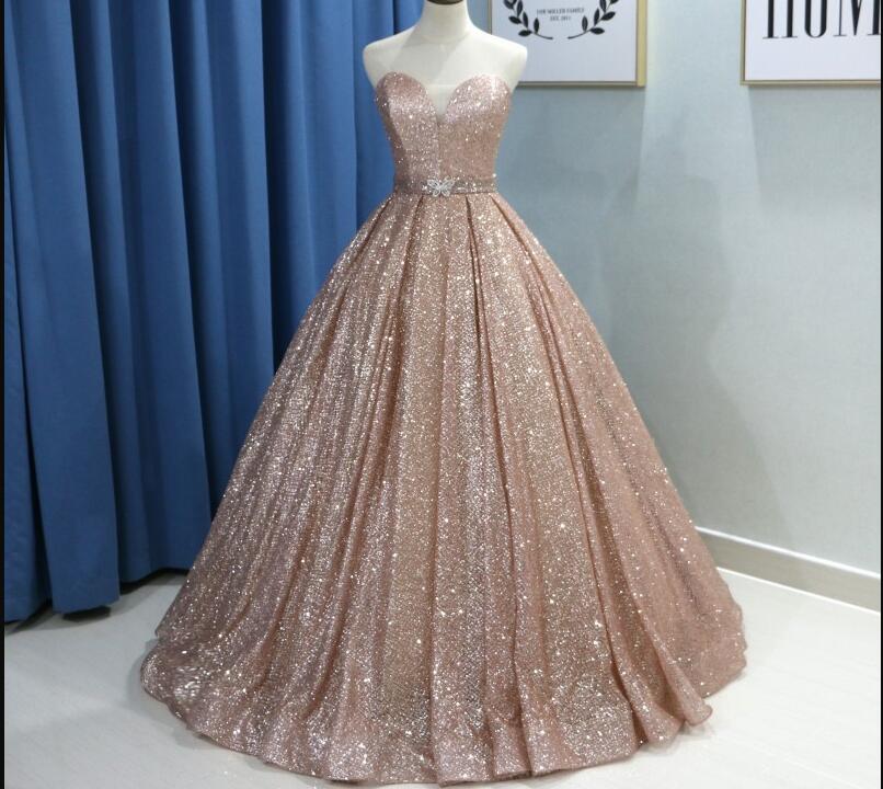 Sweet 16 Prom Dress, Champagne Sequin A Line Long Prom Dress Custom Made Dubai Formal Evening Dress 2019
