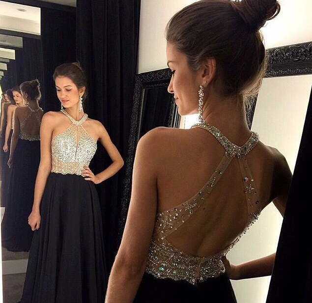 Elegant Black Chiffon Prom Dress Backless Long Prom Gowns , Sexy A Line Evening Gowns