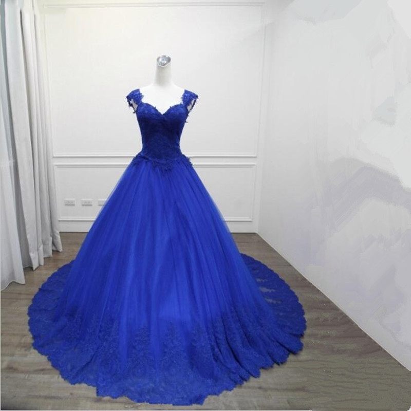 Custom Made Scoop Royal Blue Lace Ball Gown Prom Dresses 2019 Women Party Gowns ,sexy Pricess Evening Dress