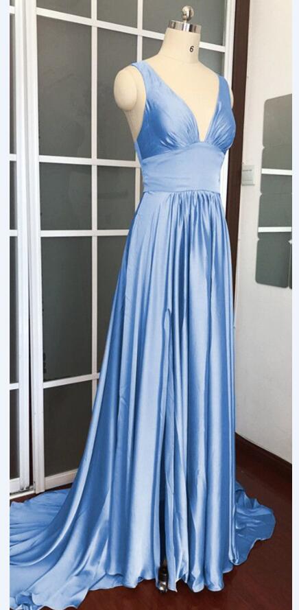 Fashion Light Blue Satin A Line Long Prom Dress, Bridesmaid Dress, Custom Made Women Party Dress