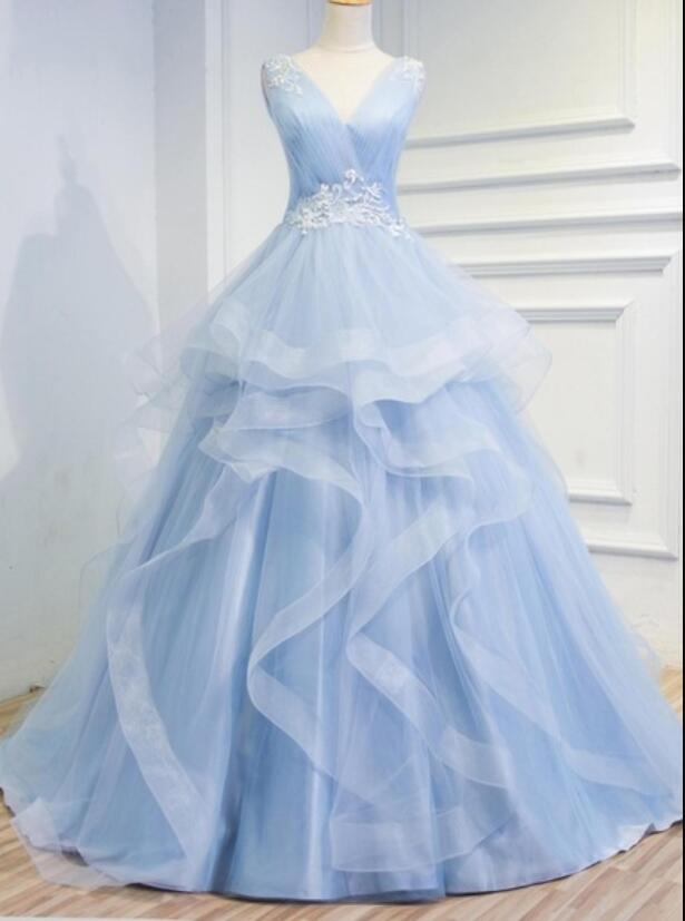 Sky Blue V-neck Long Prom Dress A Line Prom Party Gowns Custom Made Formal Evening Dress