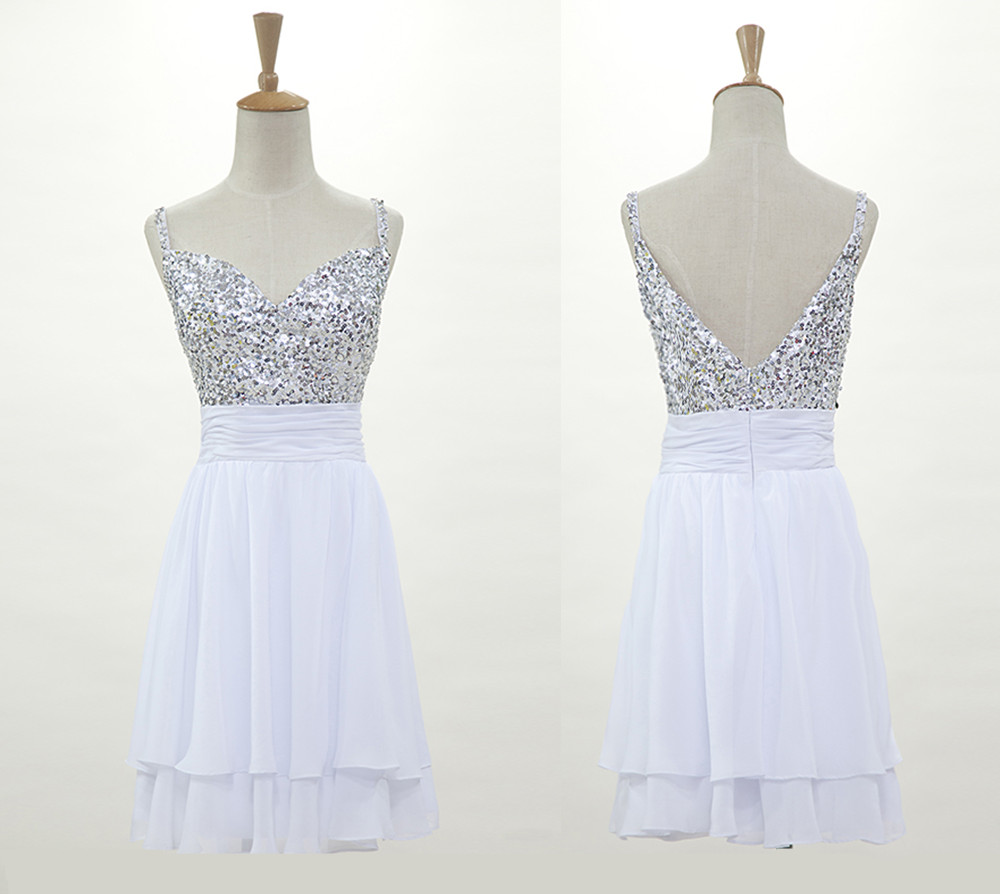 Sexy Beaded White Chiffon Short Homecoming Dress A Line Women Party Gowns ,short Cocktail Gowns .2019 Junior Party Dress