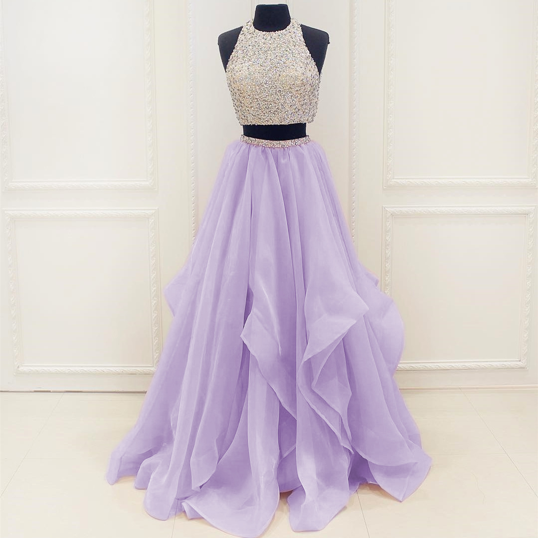Sexy Beaded Two Pieces Lavender Tulle Long Prom Dress Custom Made Women Party Gowns ,a Line Long Prom Dresses