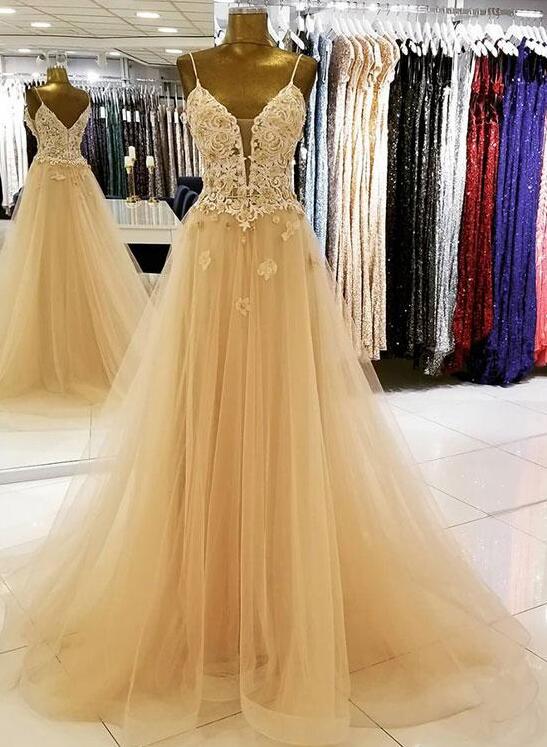 Elegant A Line Gold Lace Prom Dress Long Custom Made Women Party Gowns Plus Size Formal Evening Dress With Appliqued