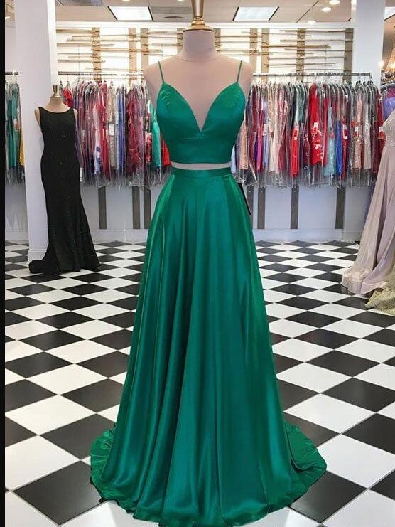Sexy Two Pieces Green Satin Long Prom Dress, Custom Made Homecoming Dress, Floor Length Women Gowns