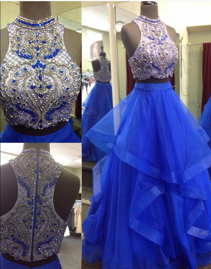 Luxury Beaded Royal Blue Tulle Two Pieces Long Prom Dresses A Line Prom Party Gowns Plus Size Formal Evening Dresses