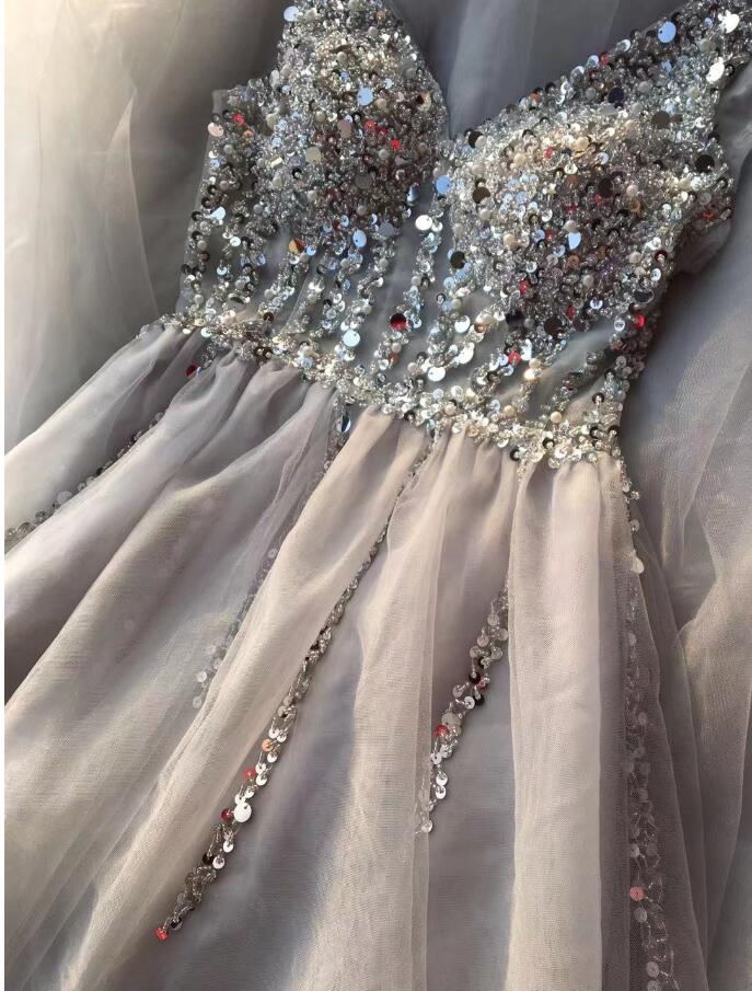 Cute Beaded Light Gray Long Prom Dress 2019 Sexy V-neck Prom Party Dresses A Line Long Evening Dresses