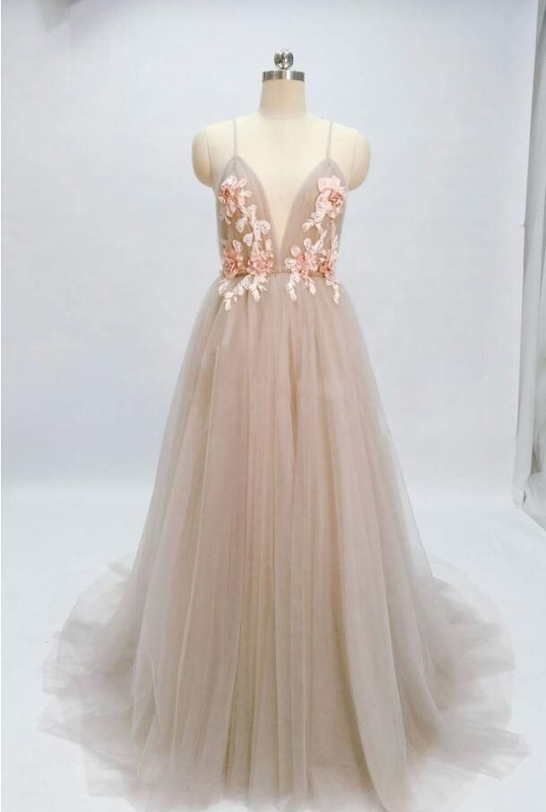 Sexy A Line Light Champagne Tulle Formal Evening Dress Ruffle Long Prom Dress, Custom Made Women Gowns