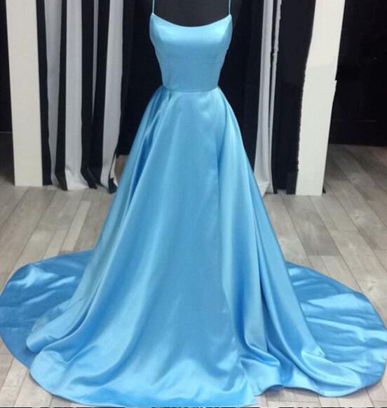 A Line Long Prom Dress Blue Satin Prom Party Gowns Plus Size Backless Evening Dress