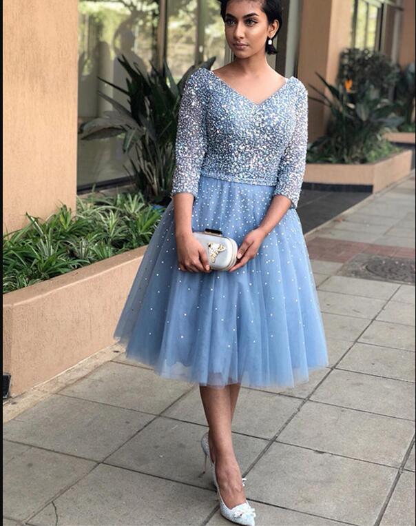 Fare falme Silicon Luxury Beaded Light Blue V-neck Short Prom Dress With Long Sleeve Custom  Made Homecoming Dress Short on Luulla