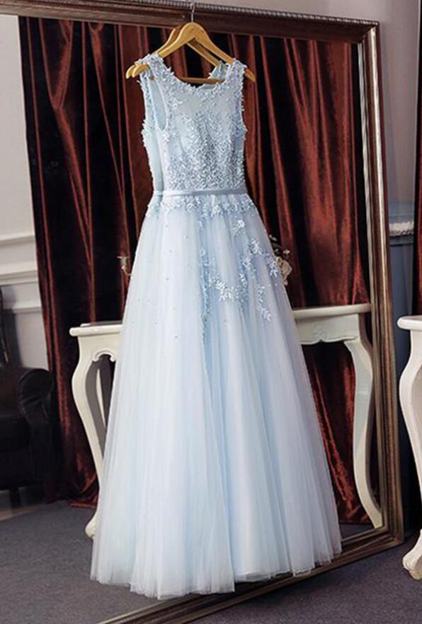 Sexy A Line Light Sky Blue Tullle Lace Prom Dress Scoop Neck Beaded Long Prom Dresses With Appliqued, Formal Evening Dress 2019