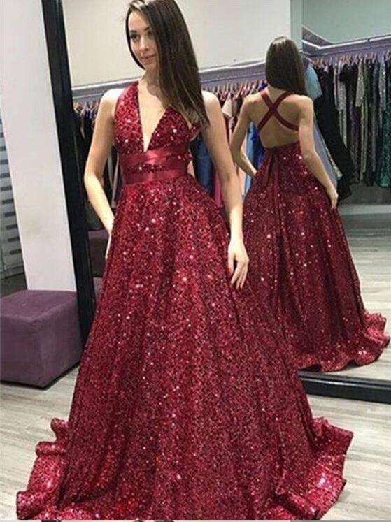 Shiny Dark Red Sequin Ball Gowns Long Prom Dresses Sexy Backless Women Party Gowns,sexy V-neck Arabic Evening Dress 2019