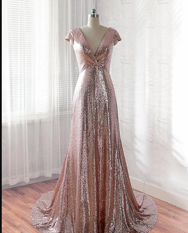 Sexy A Line Rose Gold Sequin Long Prom Dress Floor Length Prom Party Gowns Custom Made Pageant Gowns