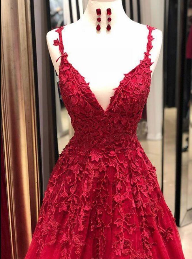 Plus Size Dark Red Lace Prom Dress Sweehteart Tulle Formal Evening Dress Plus Size Women Pageant Gowns , Prom Gowns 2019