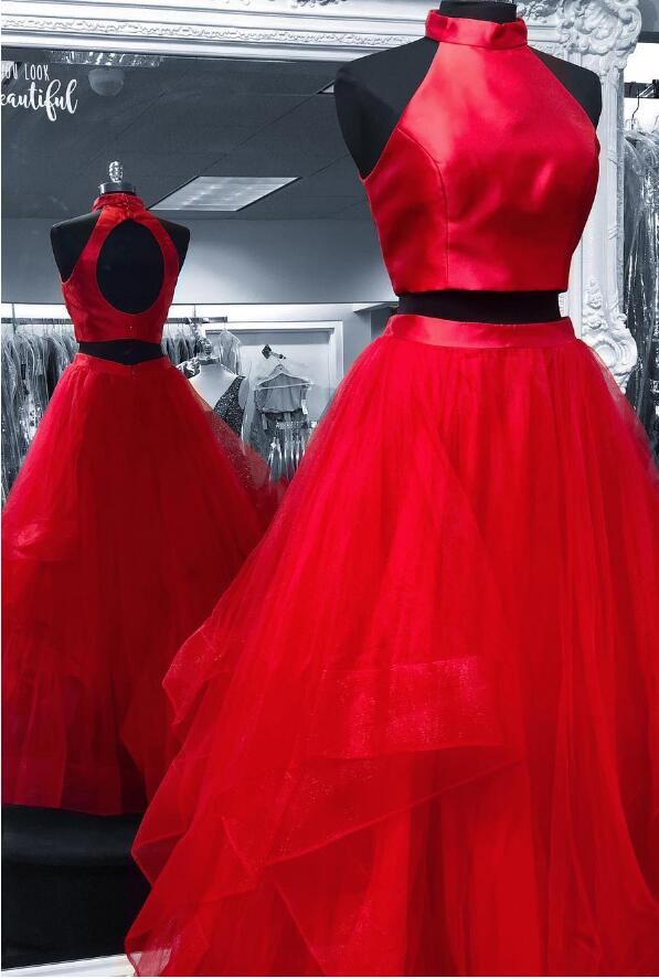 Two Pieces Red Tulle Long Prom Dress Strapless Junior Party Gowns ,a Line Women Party Dress
