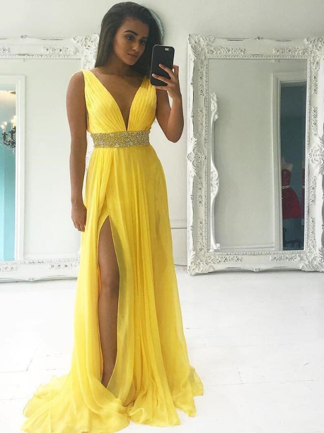 Sexy V-neck Long Prom Dress Yellow Chiffon Beaded Prom Party Dresses Off The Shoulder Women Evening Dress With Split