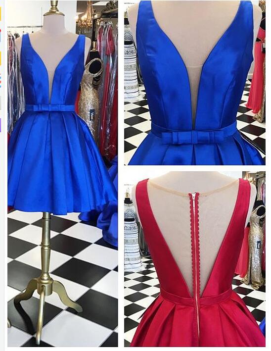 Royal Blue Satin Short Homecoming Dress Crew Neck Mini Cocktail Party Gowns Sheer Back 2957