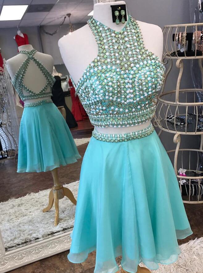 Charming Turquoise Chiffon Short Homecoming Dress Two Pieces Crystal Corset Mini Party Gowns Cocktail Party Gowns 2019