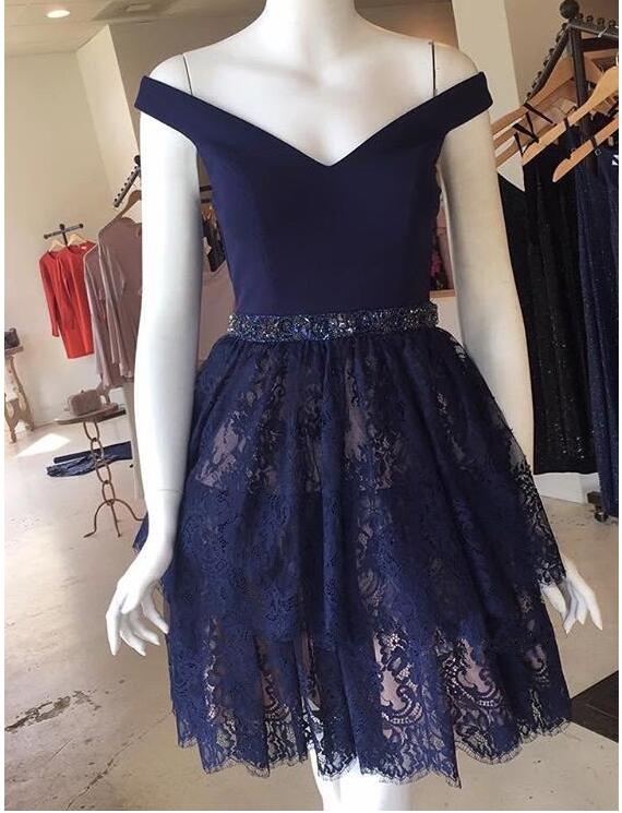 Off Shoulder Navy Blue Lace Prom Dress Short 2019 Custom Made Sweet 16 Prom Dress For Junior, Cocktail Gowns Short