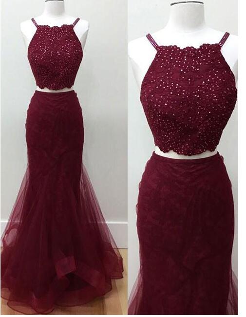 Two Pieces Beaded Burgundy Tulle Long Prom Dress 2019 Custom Made Tulle Prom Party Gowns ,mermaid Prom Dress