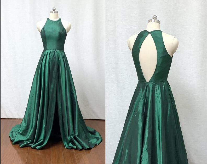 Cheap Emerald Green Taffeta A Line Long Prom Dress Sexy Backless Women ...