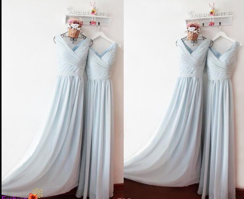 A Line Light Sky Blue Chiffon Ruffle V-neck Long Prom Dresses 2019 Floor Length Women Prom Gowns , Long Evening Dress
