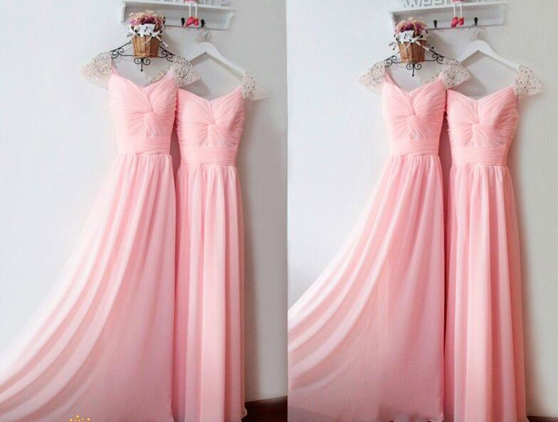 Fashion Pink Chiffon Ruffle A Line Prom Dress With Caped Sleeve Beaded Plus Size Formal Prom Gowns ,wedding Prom Party Gowns