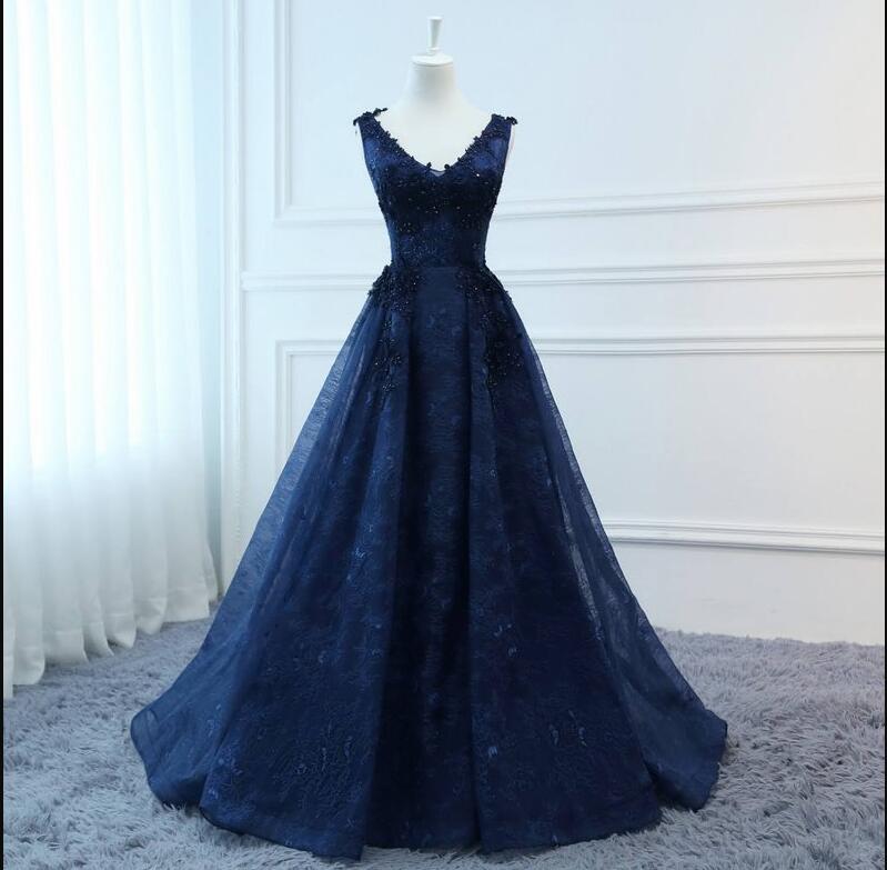 Navy Blue V-neck Lace Appliqued Long Prom Dress Plus Size Women Party Gowns , Sexy Ball Gown Quinceanera Dresses 2019