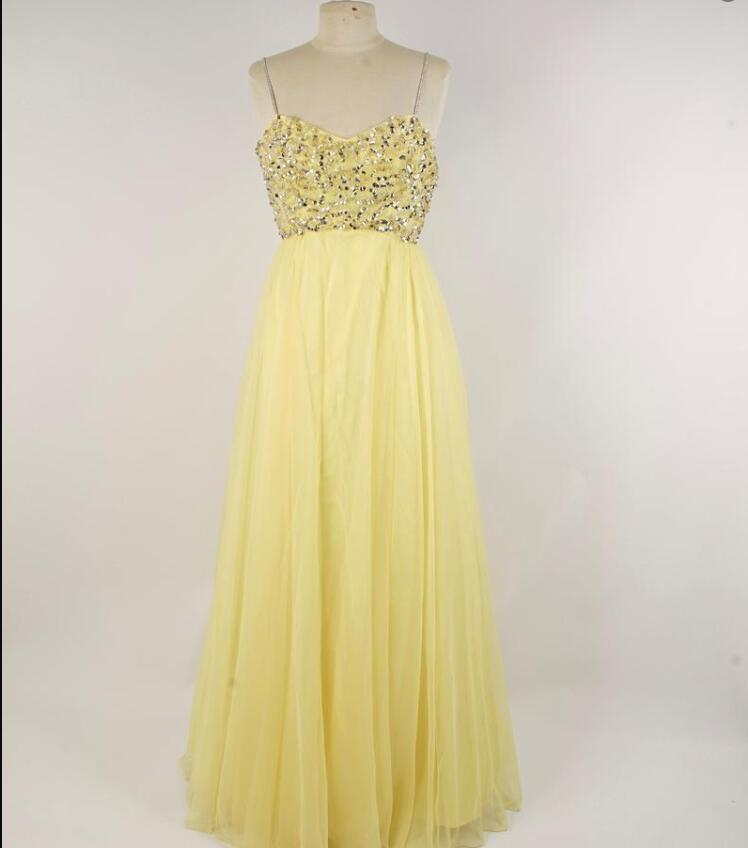 Fashion Yellow Beaded A Line Spaghetti Strap Long Prom Dress Floor Length Prom Party Gowns , Wedding Party Dress