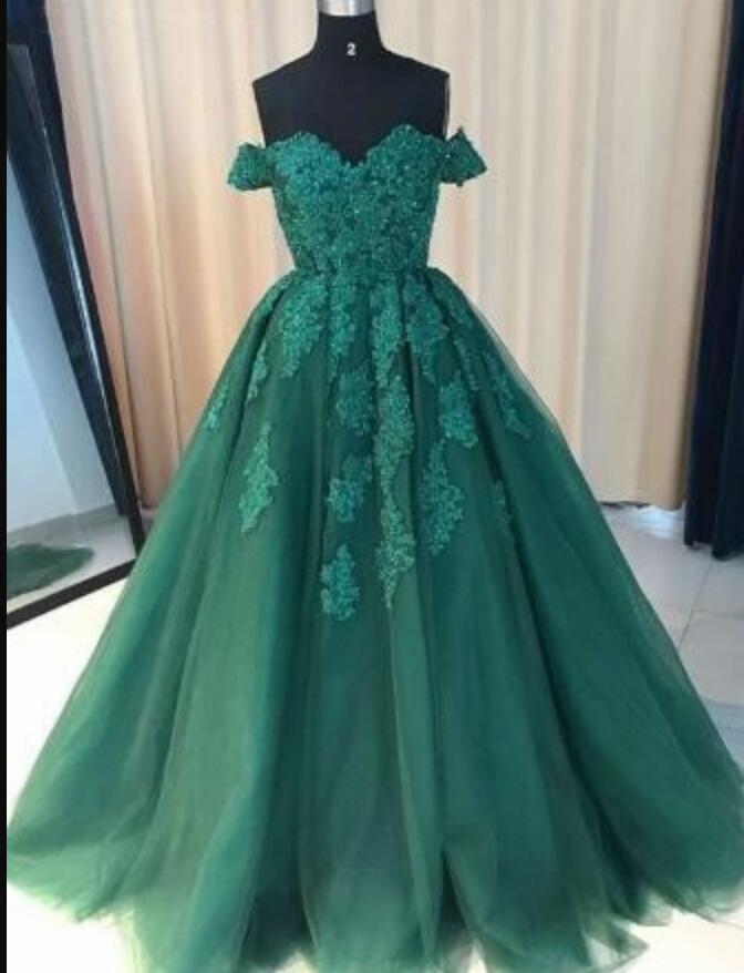 Off Shoulder Green Lace Formal Prom Dresses Custom Made A Line Quinceanera Dress ,sweet 16 Prom Dress .