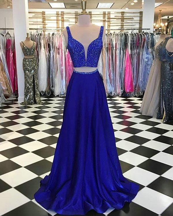 Charming Beaded Formal Prom Dress A Line Royal Blue Satin Satin Long Prom Dresses, Custom Made Party Dress For Girls .long Pageant Dress