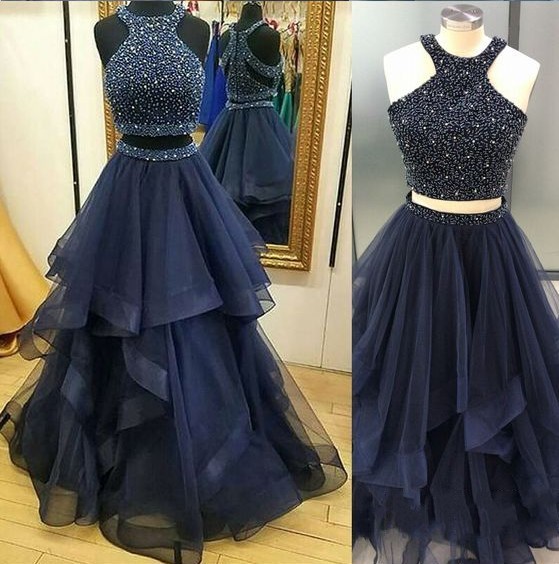 Navy Blue Beaded Corset Scoop Neck Long Prom Dresses A Line Women Party Gowns ,plus Size Evening Dress 2019