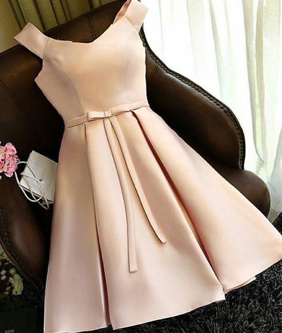 Simple Light Champagne Satin Short Homecoming Dress Above Length Mini Party Dress With Bow ,short Cocktail Dress For Junior
