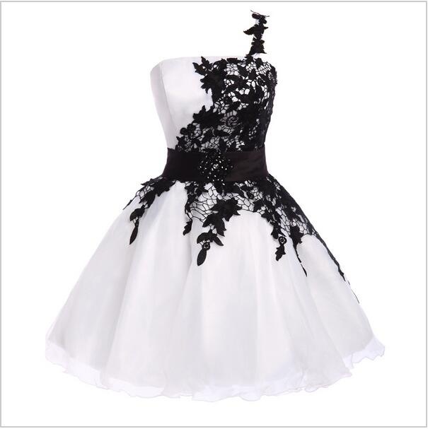 One Shoulder Black Lace Appliqued Short Homecoming Dress One Shoulder Ball Gown Prom Party Dress Mini