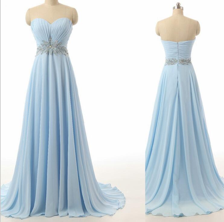 Beaded Light Blue Ruffle Long Prom Dress A Line Chiffon Prom Gowns Plus Size Party Gowns