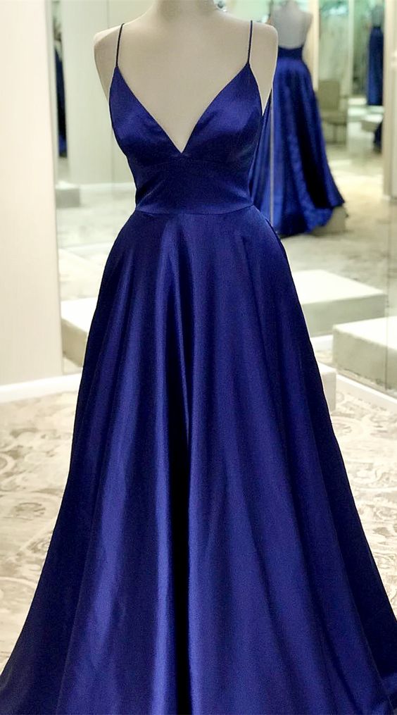 Royal Blue Satin Spaghetti Strap Long Prom Dress Custom Made Prom Party Gowns ,2019 Prom Dresses