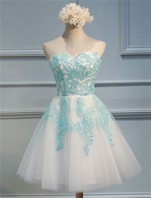 Sexy Ball Gowns White Tulle Short Homecoming Dress With Green Lace Appliqued Mini Cocktail Party Gowns ,graduation Dress 2019